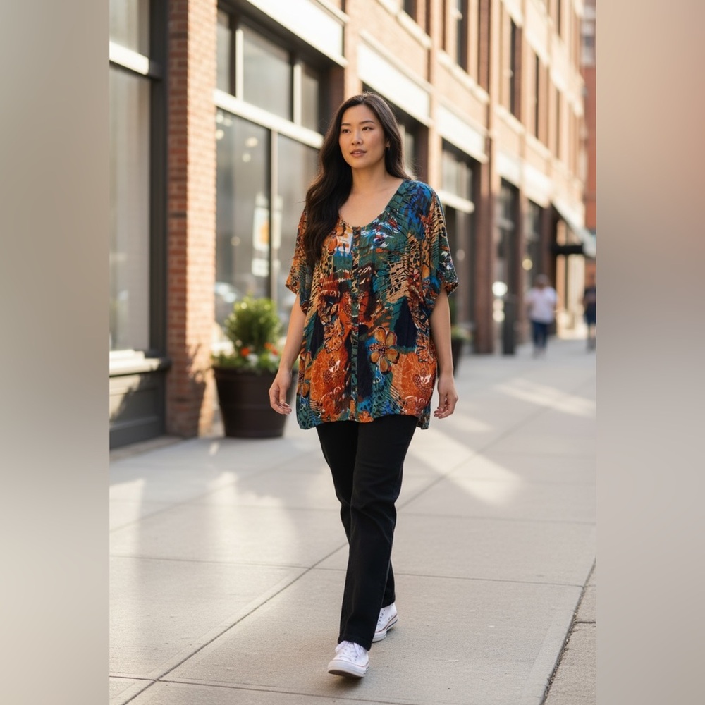 Roaman's Tunic‎ Top Tropical Festival Autumn 22W Colorful Beach Resortware Light